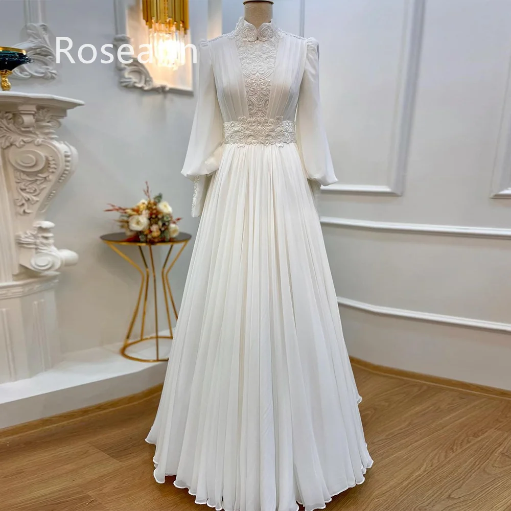 Muslim Retro A-line Wedding Dresses Satin Pearls High Collar Draped Pleat Applique Full Bride Gown Floor Length robe de mariée