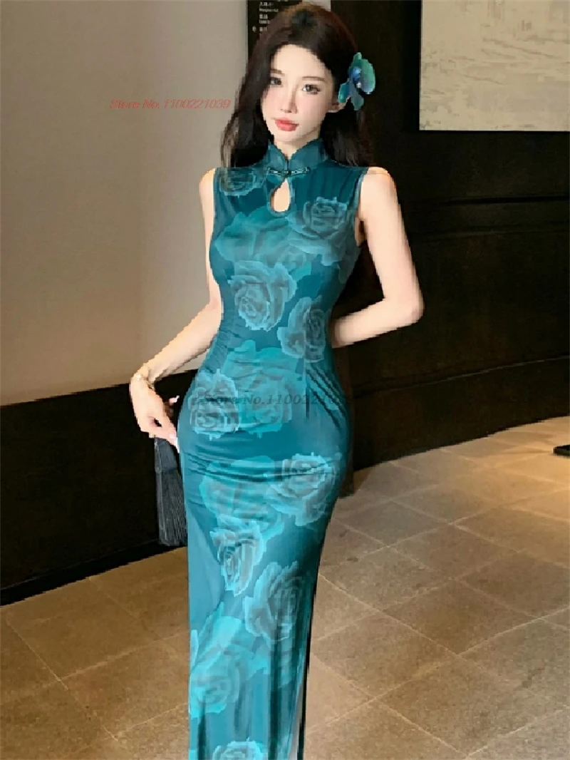 2024 chinese sexy dress flower print cheongsam oriental party evening dress chinese traditional nightclub qipao sexy vestido