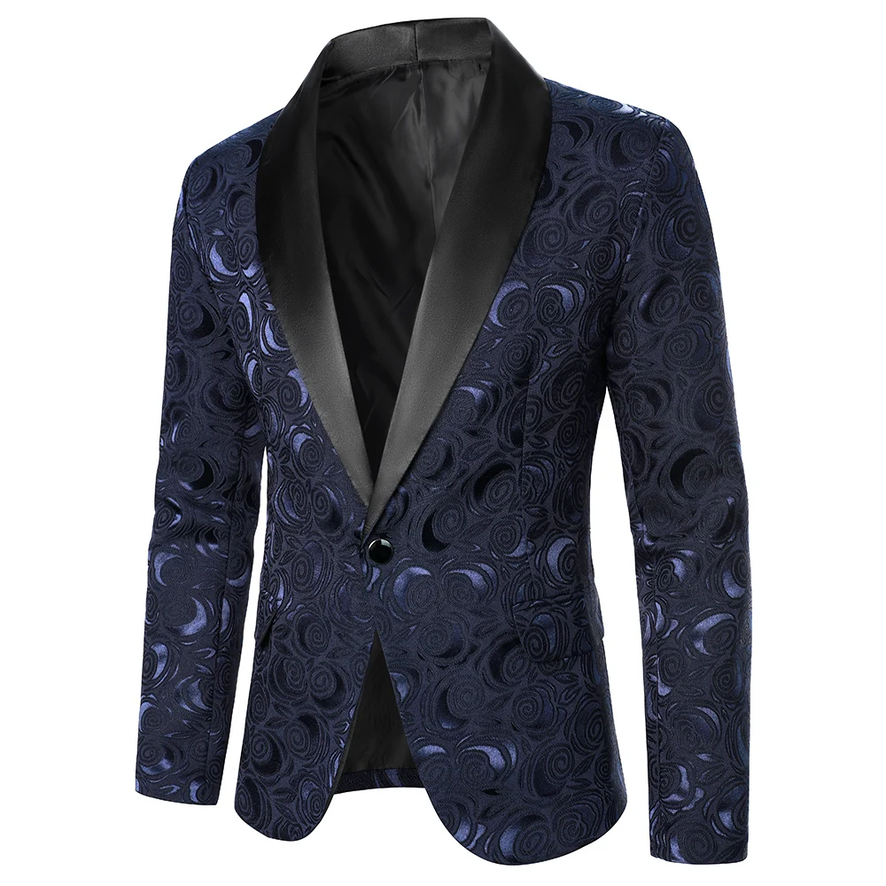 Men Suit Coat Rose Pattern Bright Jacquard Fabric Contrast Color Collar Party Luxury Design Causal Fashion Slim Fit Men Blazer