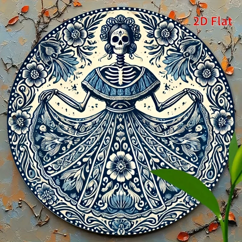 2D Flat, Day of the Dead & Cinco de Mayo Sugar Skull Wreath Sign – Runde Aluminium-Wanddekoration mit lebendigem Blumen- und Skelett-Design