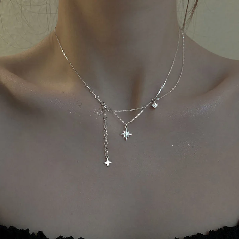 Sterling silver flash diamond six pointed star necklace light luxury small design cold senior double tassel lock necklace