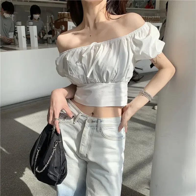 2025 Fashion New Pearl Chain Shirt Women Summer French Bow Backless White Blouse Sweet Puff Sleeve Crop Top Female