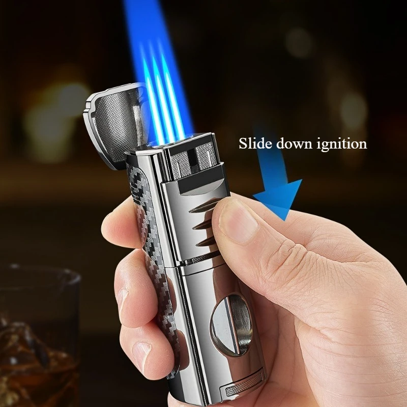 Cigar Multifunctional Four in One Cigarette Holder V Cutting Diamond Knife Dedicated Straight Jet Lighter with Three Flames