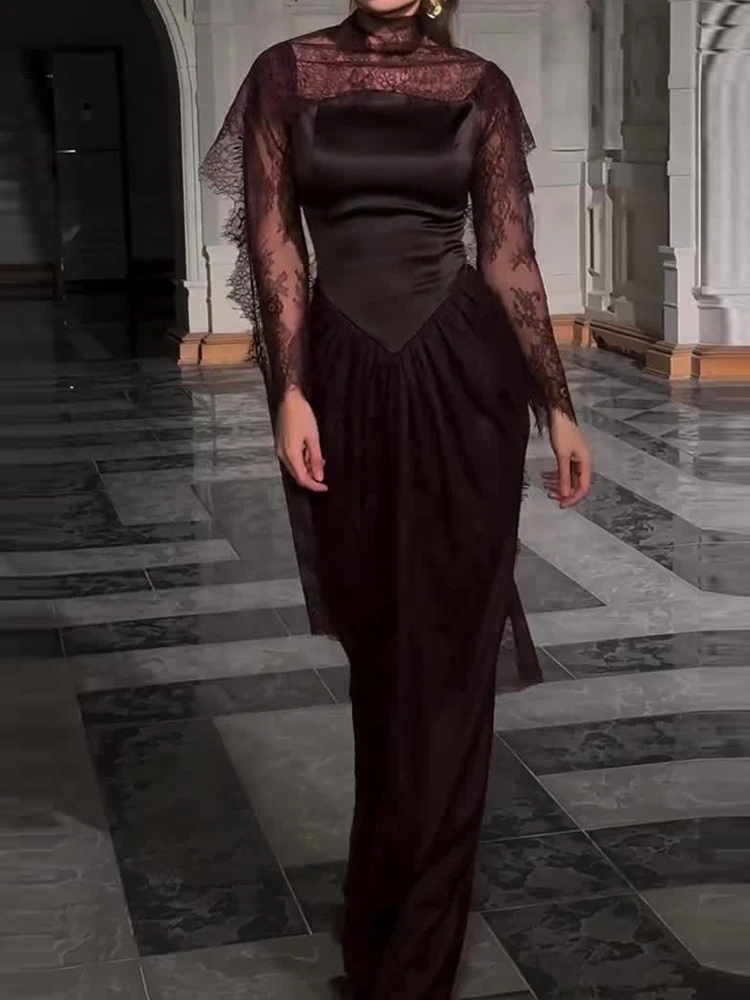 Dame elegante kant hoge kraag avondjurk sexy zijsplit toga's feestjurk mode hoge taille gedrapeerde slanke vloerlengte jurk