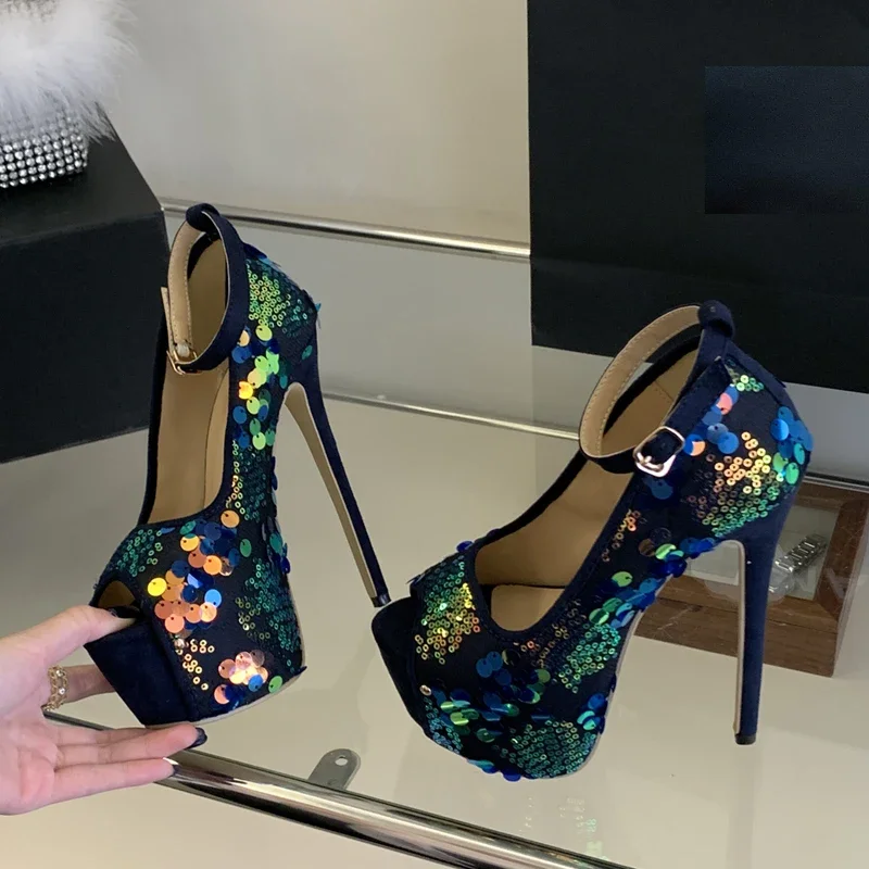

Women's Peep Toe Multicolor Sequin Ankle Buckle Strap Super High Thick Platform Thin Stiletto Heel Sandals Sexy Footwear Freegif