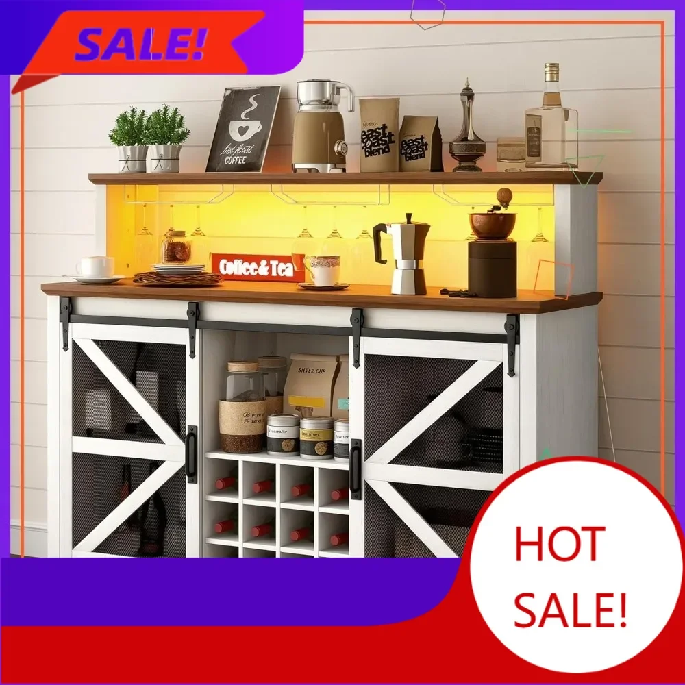 

Hot salesSmart App-Controlled LED Wine Bar Cabinet with 12-Bottle Rack, Sliding Doors, Farmhouse Style