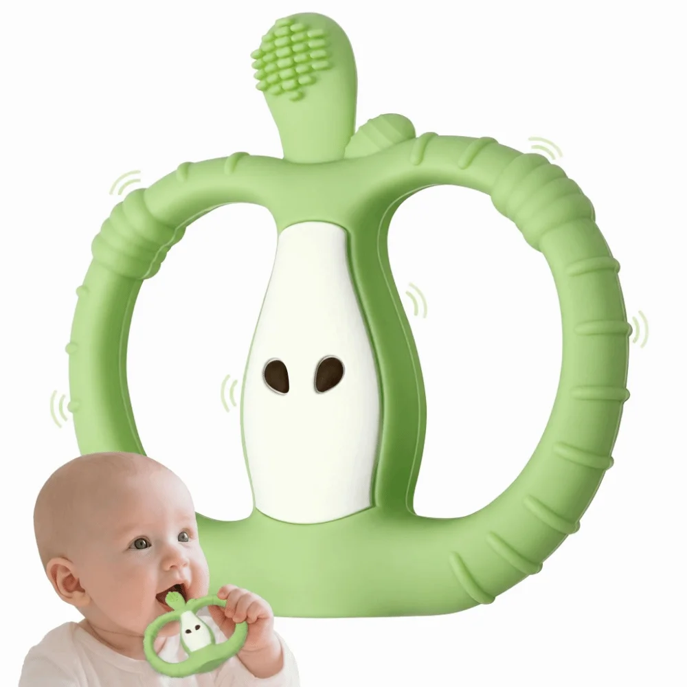 Fruit Shape Vibrating Teether 10-Speed Vibration Modes Soft Chewy Sensory Toy Food Grade Silicone Baby Teether Toy