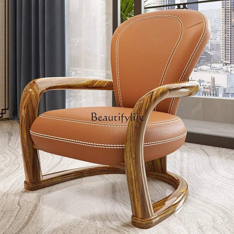 

Ebony leather modern new Chinese simple casual solid wood cowhide swivel chair single