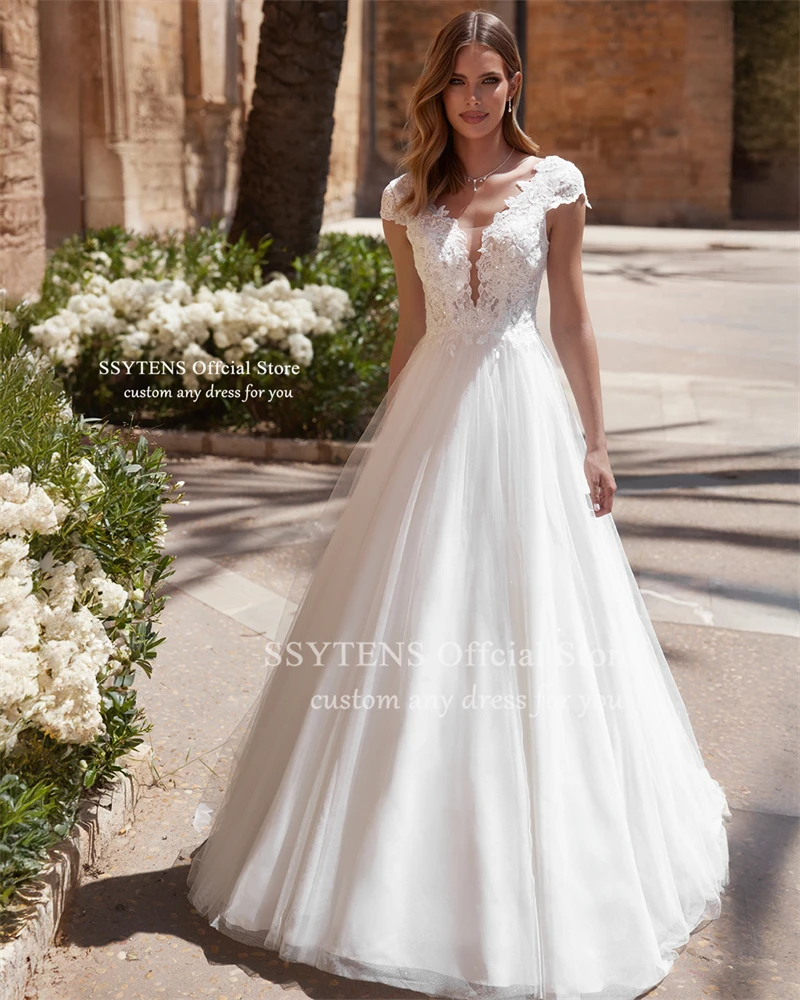SSYTENS-Vestidos De Novia clásicos De corte a, mangas casquillo, apliques, Espalda descubierta, cuello en V, personalizados