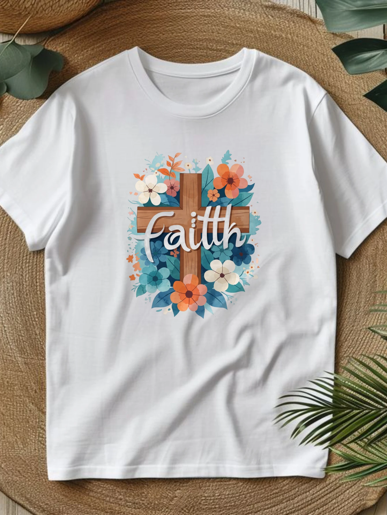 Y2K Women's Round Neck T-Shirt, Spring and Summer Women's Fashion, Faith Floral Cross Print, a Stylish and Casual Choice, Fun Print, Local Delivery