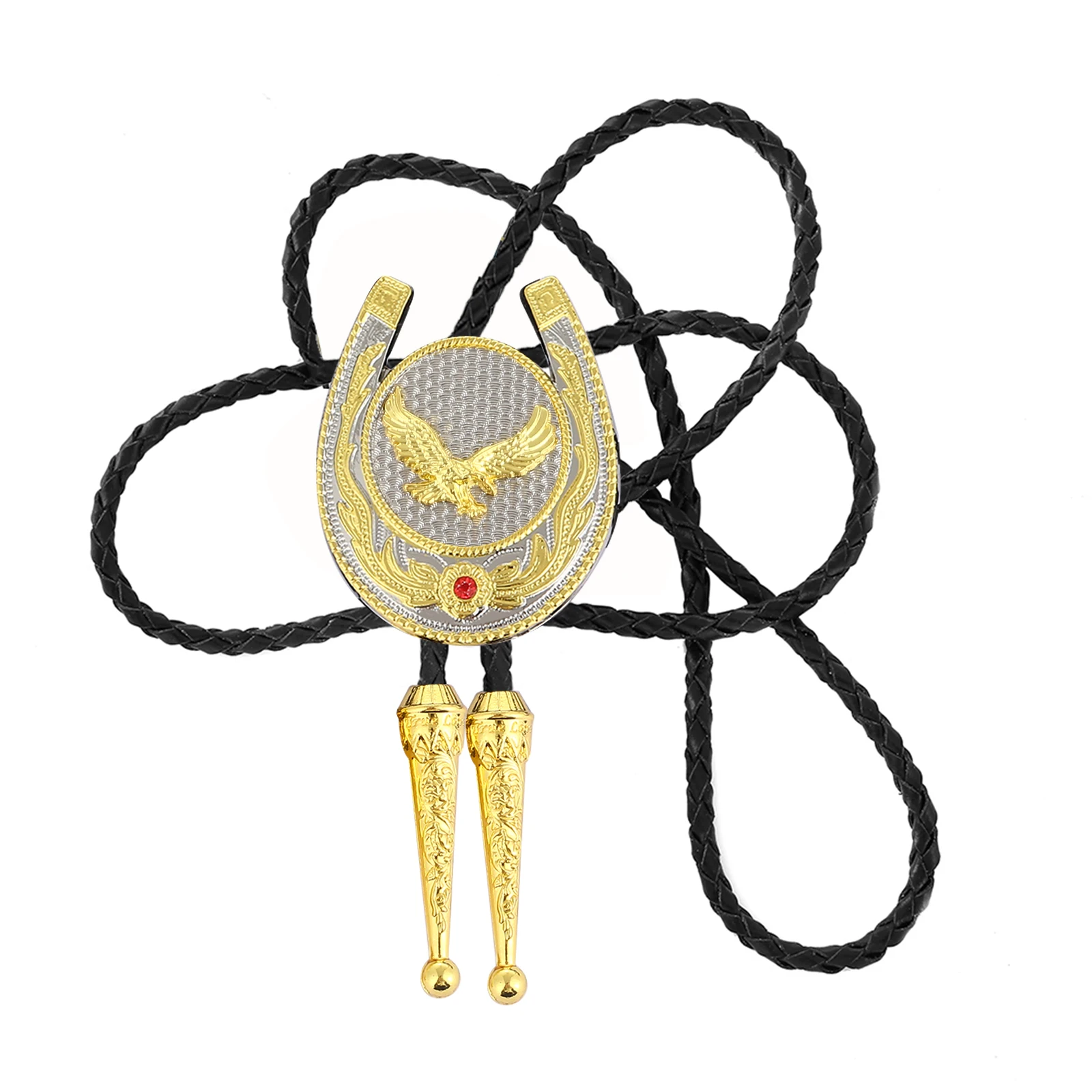 Naturel Stone Gold U Shape Eagle Bolo Tie For Man Indian Cowboy Western Cowgirl Leather Rope Zinc Alloy Necktie