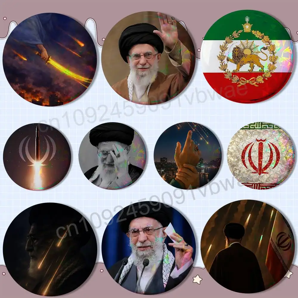 

Iranian Iran For RIP Ali Khamenei Reflective Pin Tinplate Round Brooch Cartoon Cosplay Badges for Bag Hat Toys Gifts
