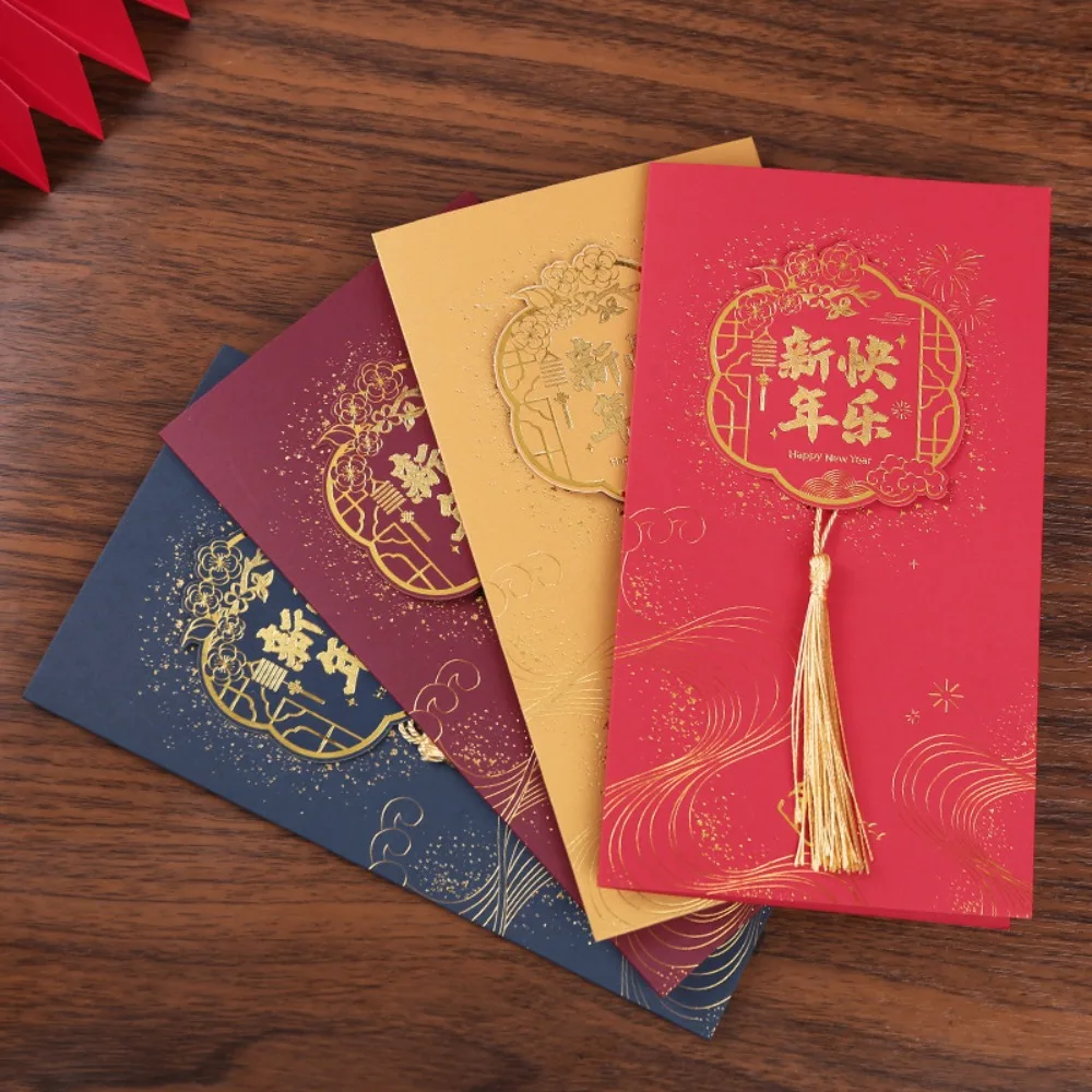 

Hot Stamping Chinese New Year Greeting Card Rectangular Chinese Style Party Invitation Cards with Tassel