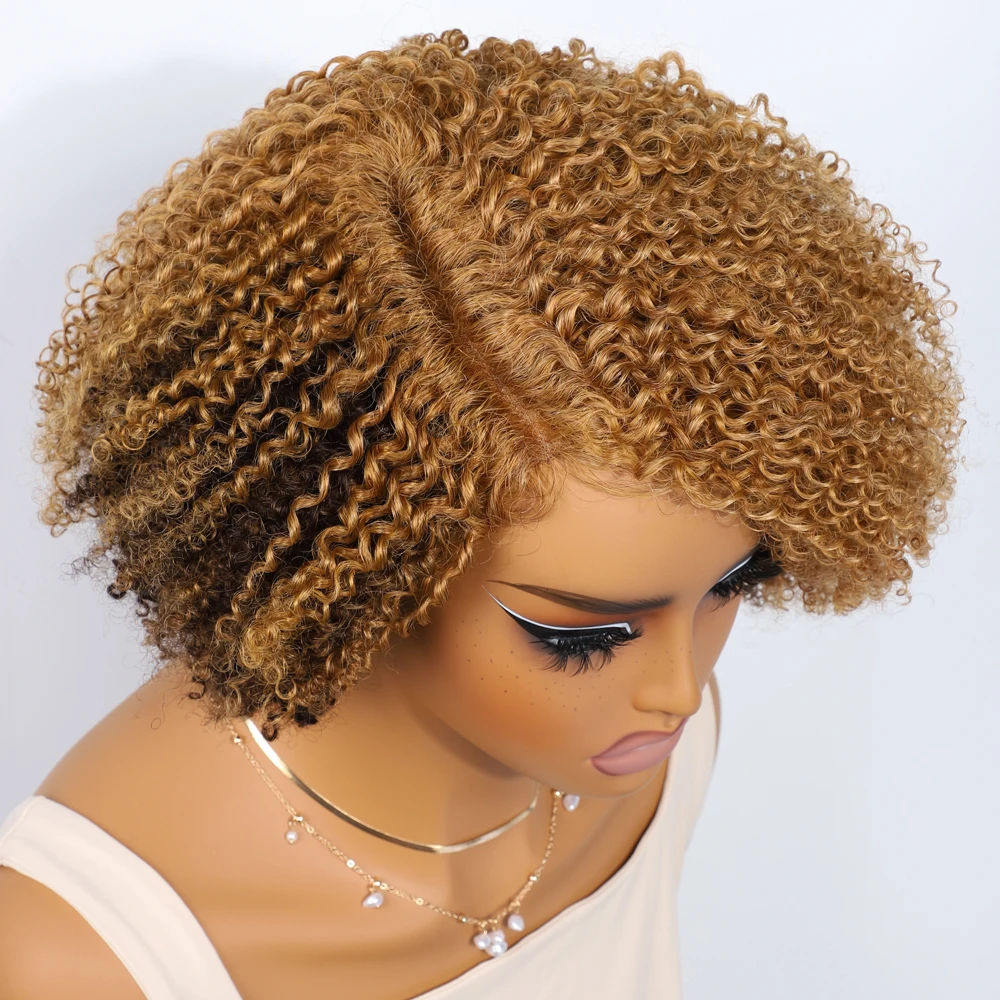 Ombre Blonde Short Bob Lace Wig Afro Kinky Curly Human Hair Wig With Baby Hair Pixie Water Wave Bob Wig Ombre Honey colored 4/27