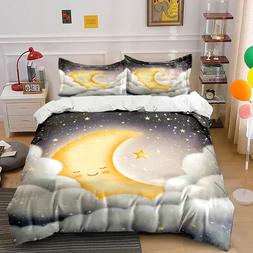 

Smiling Moon with Shining Star Pattern Duvet Cover Set Digital Print Colorful Polyester Bedding with Zipper Closur for gifts