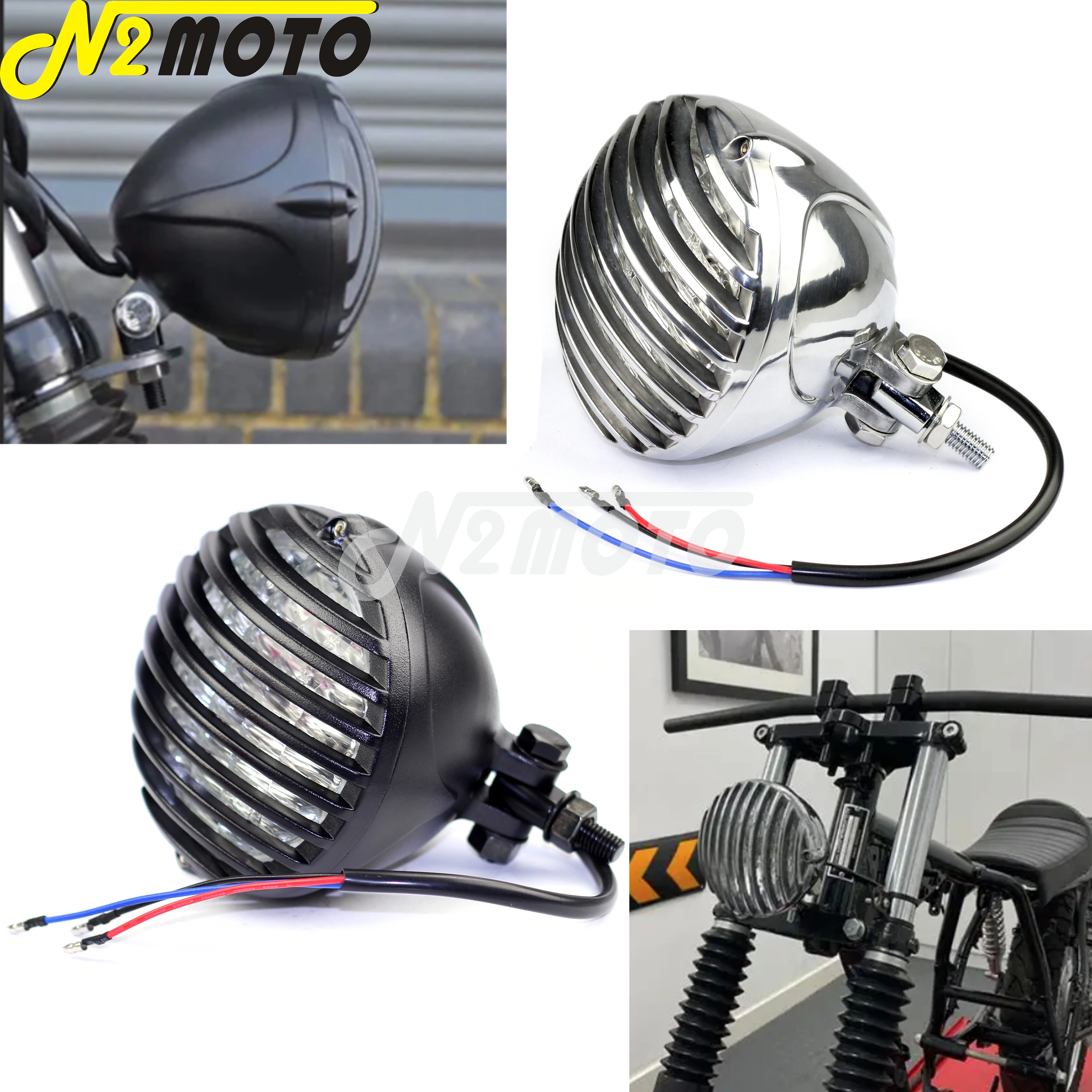 

Retro Motorcycle 5" Scalloped Brass Headlight Finned Grill For Harley Dyna Road King Street Glide Electra Glide Custom Headlamp