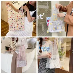 Women Girls Flower Eco Embroidery HandBag Shopping Tote Transparent Mesh Handbags