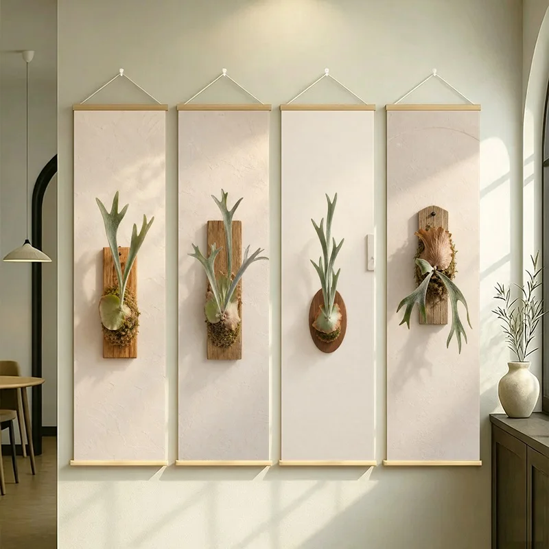 Green Plant Wall Art 4-Panel Wall Planter Hanging Scroll Set on Beige Silver Shimmer Canvas for Natural Office Room Decor