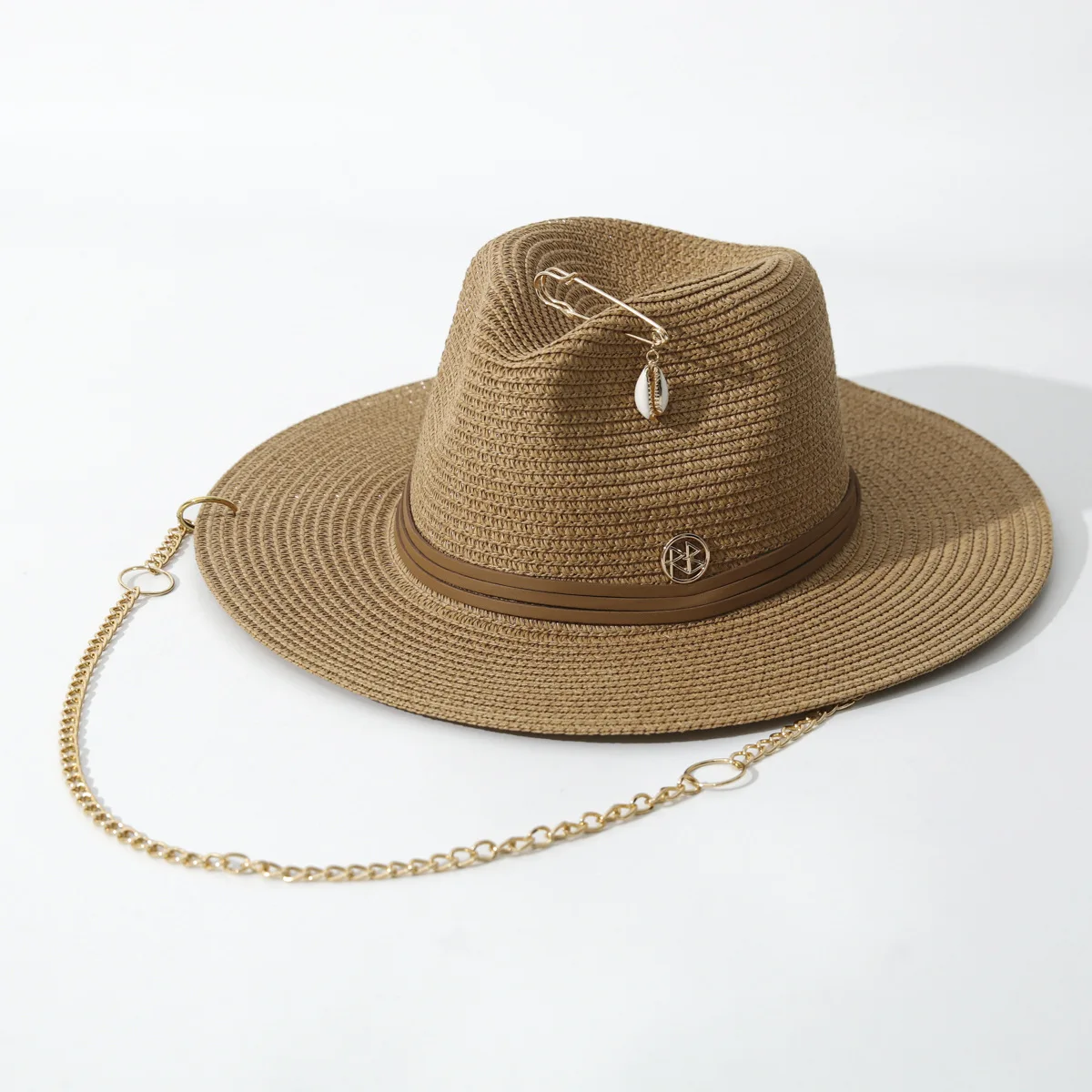 2026 Designer Wide Brim Straw Hat for Women, Chain & Pin Decor, Spring Summer Beach Sun Cap with UV Protection