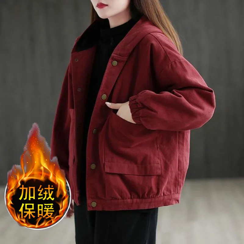 Jaqueta acolchoada de algodão quente feminina, parka acolchoada com capuz, tops soltos de manga longa, roupa casual vintage, inverno, 2023