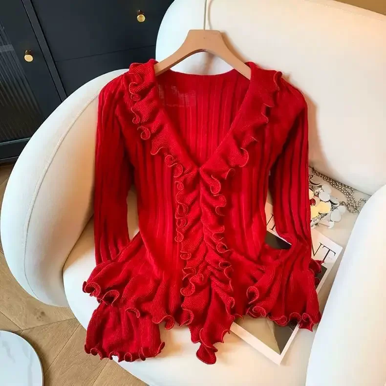 Pure Sweet Fungus V Neck Knitted Tops Women Autumn Slim Fit Long Sleeve Base Sweater Temperament Solid Pullover