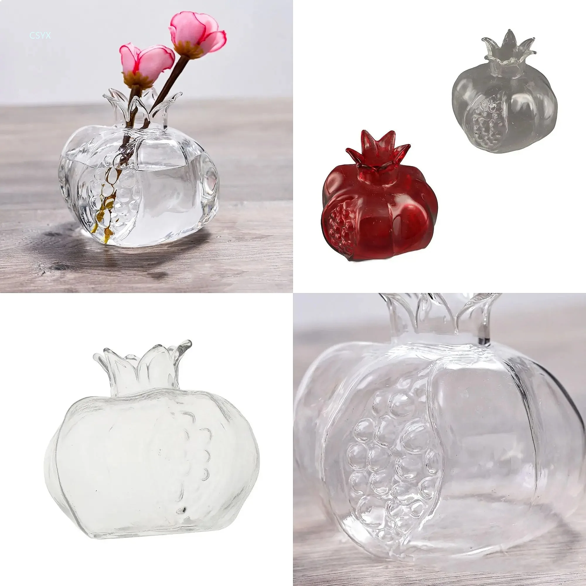 Creative Red Pomegranate Glass Vase Transparent Pomegranate Hydroponic Flower Vase Hammer Pattern Handmade Fruit Vase Desktop