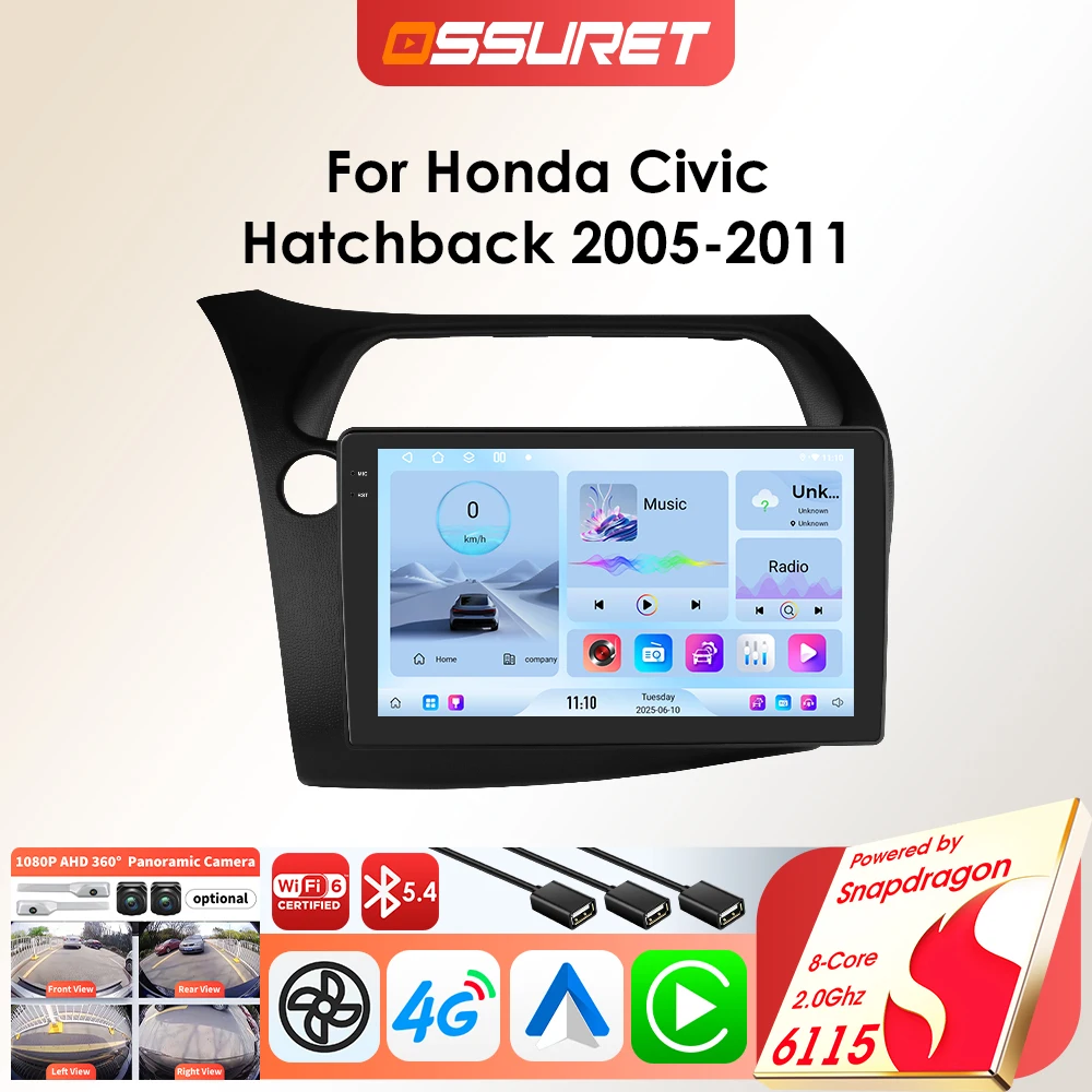 OSSURET Lettore autoradio Android per Honda Civic Hatchback VIII 2005-2011 Carplay Auto GPS 2DIN Car Multimedia di Snapdragon 6115