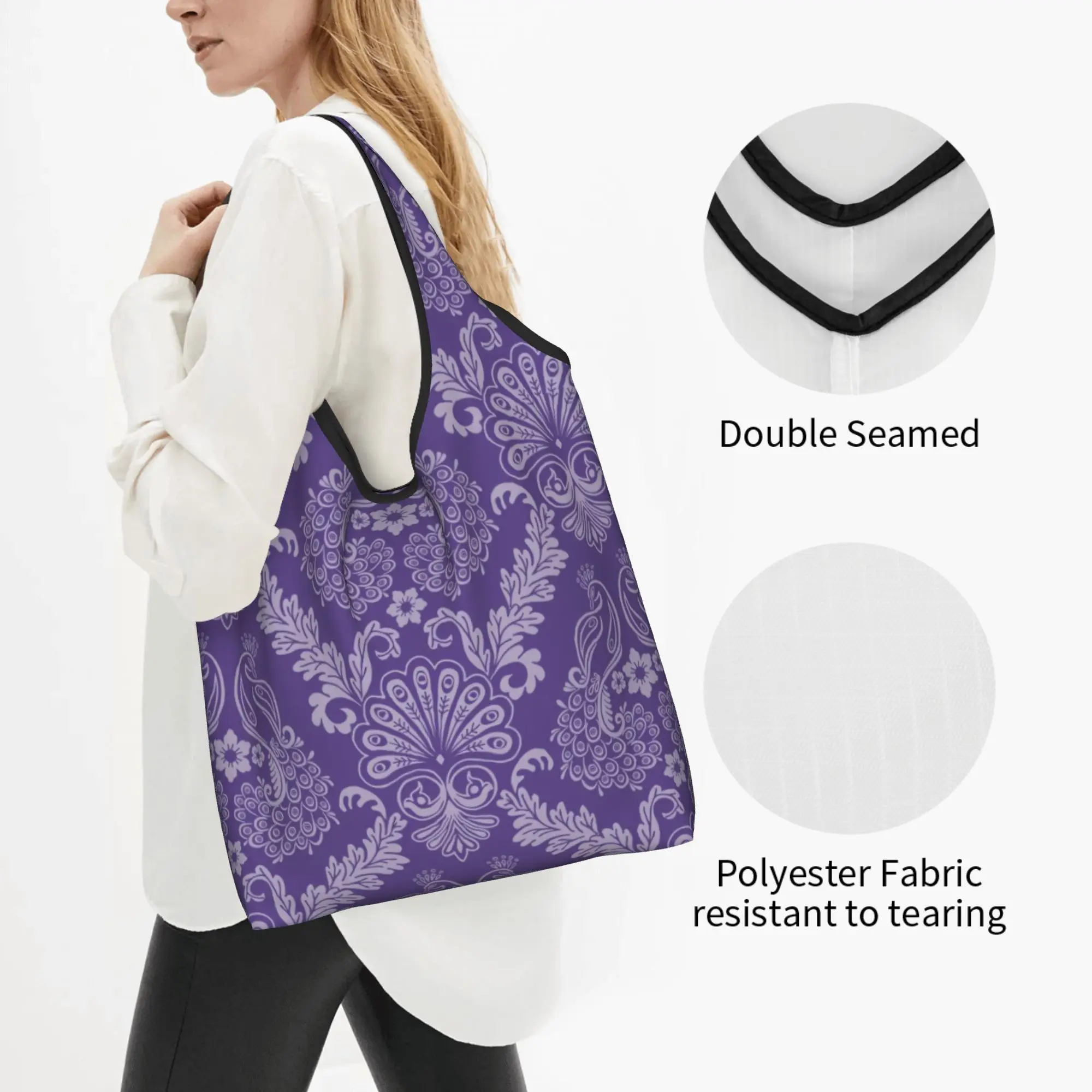Recycling Peacock Light Purple On Purple Shopping Bag Women Tote Bag Portable Animal  Groceries Shopper Bags
