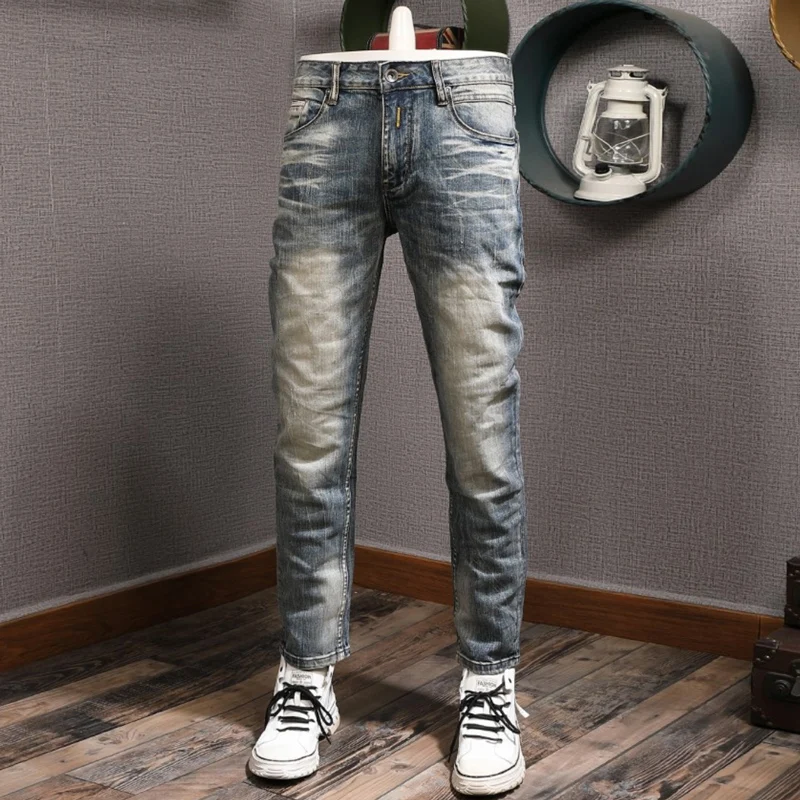 Newly Designer Fashion Men Jeans High Quality Retro Blue Elastic Slim Fit Ripped Jeans Men Trousers Vintage Denim Pants Hombre