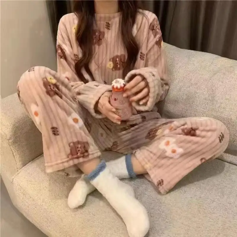 Cute Sweet Autumn Winter Pajamas Women Wear 2024 New Coral Velvet Warm Thickened Long- Sleeved Loungewear Set Christmas Birthday