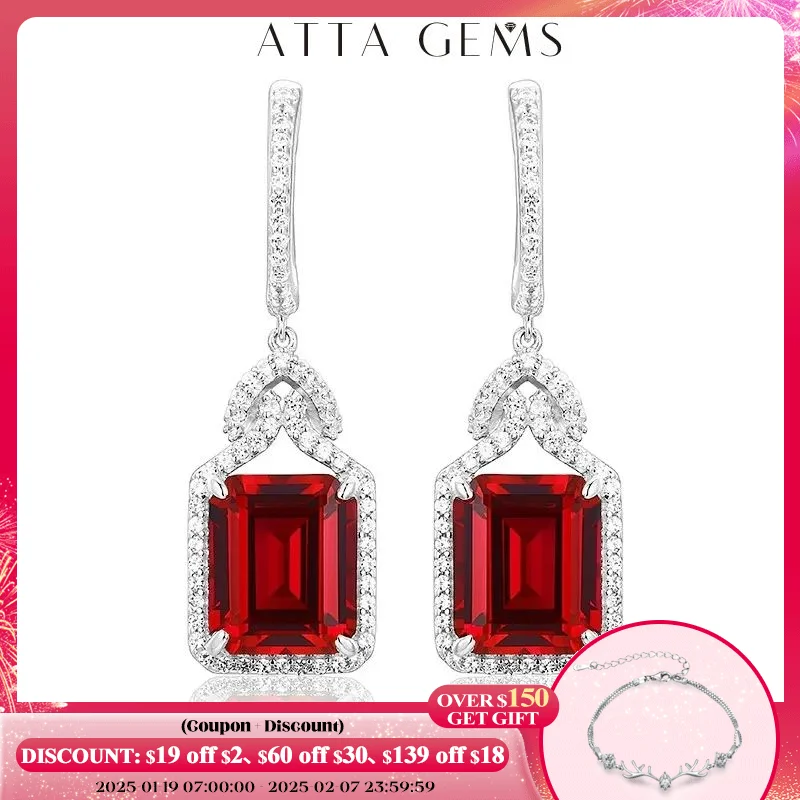 ATTAGEMS Ruby Real Sterling Silver Earring for Women Charming Style Created Sapphire 12 Carats Octagon Cut Wedding Jewelry Gifts