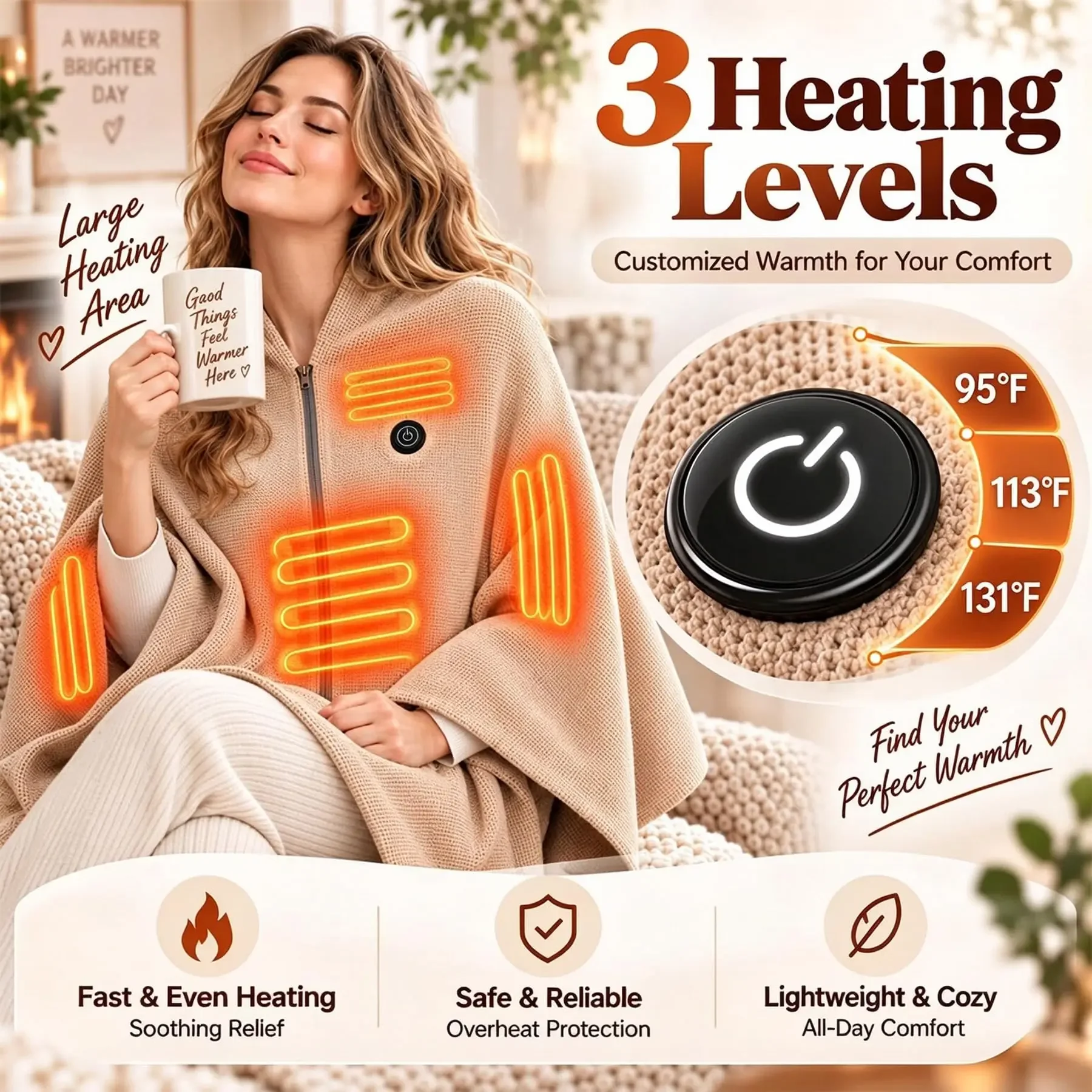 USB Heated Blanket Soft Zipper Shawl Wrap 3 Temperature Levels for Home Office Car Outdoor Camping Winter Portable Warm Scarf