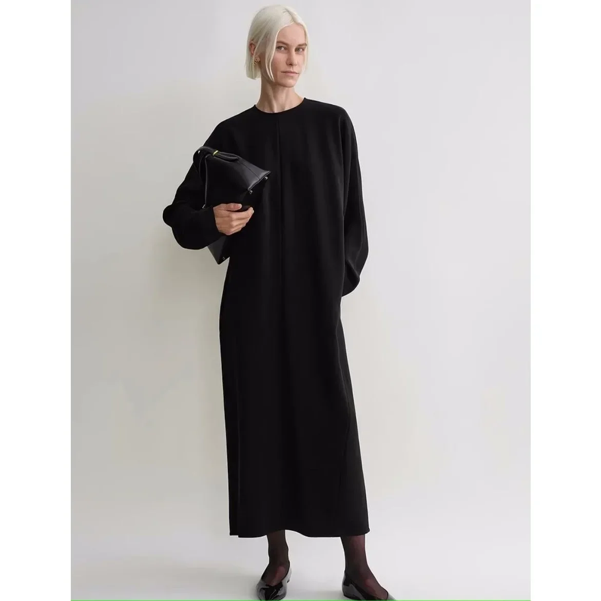 Straight Black Women Mid-calf Dress Back Zipper Slit Elegant Female O-neck Long Sleeve Robe 2024 Early Autumn