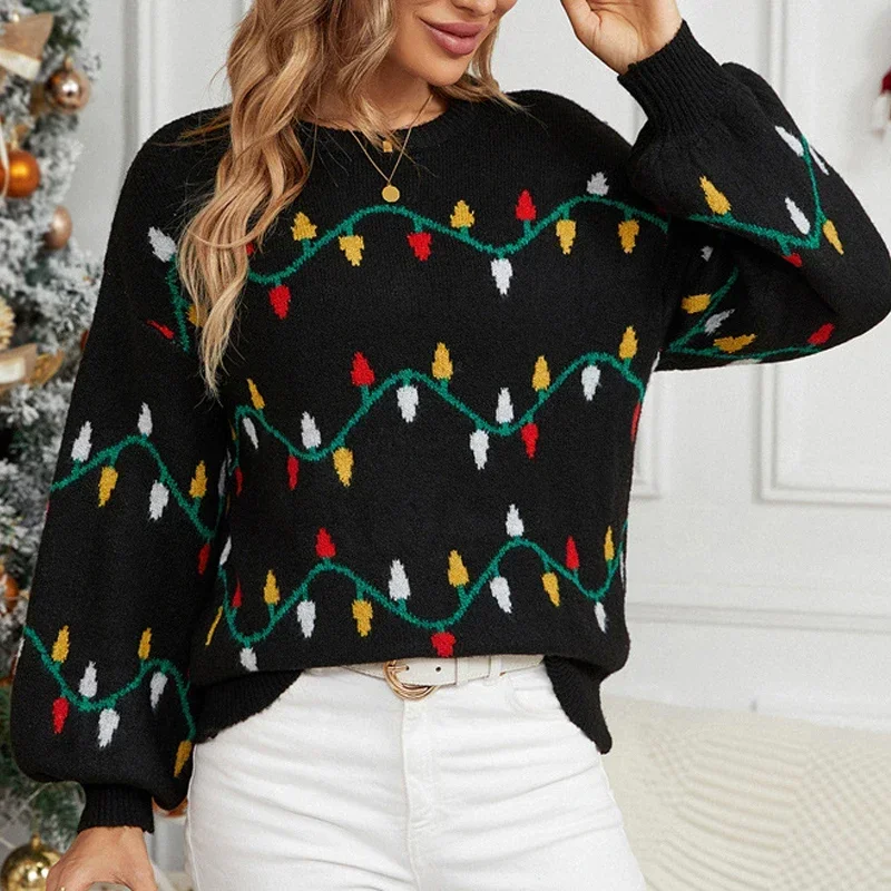 Kobiety Casual Streetwear Jacquard Sweet Christmas Party Sweter z dzianiny Modny sweter z długim rękawem O Neck Luźne pulowerowe topy Y2K Swetry