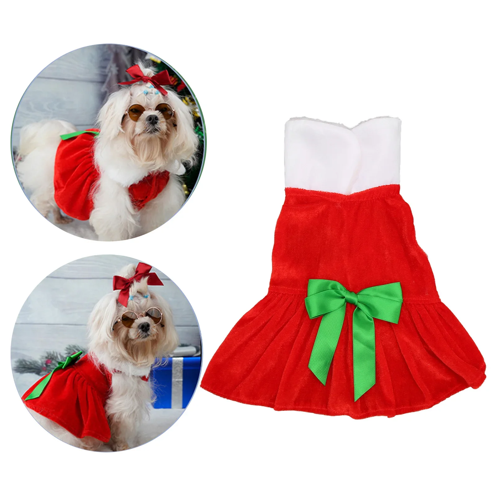 Pet Christmas Dress Stylish Cute Bow Decoration Shiny Soft Warm High Collar Christmas Dog Skirt For Small Dogs