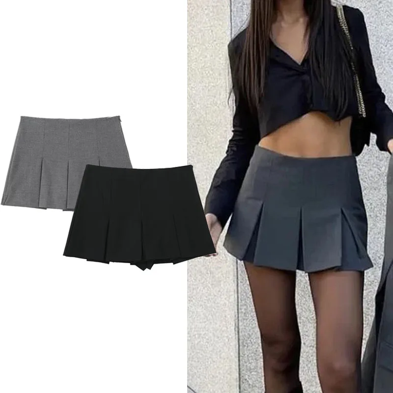 TRAF 2024 Women\'s Skirt Pants Pleated Gray Mini Skirt Shorts High Waist Summer Black Skort For Women Casual A Line Skirt Pants