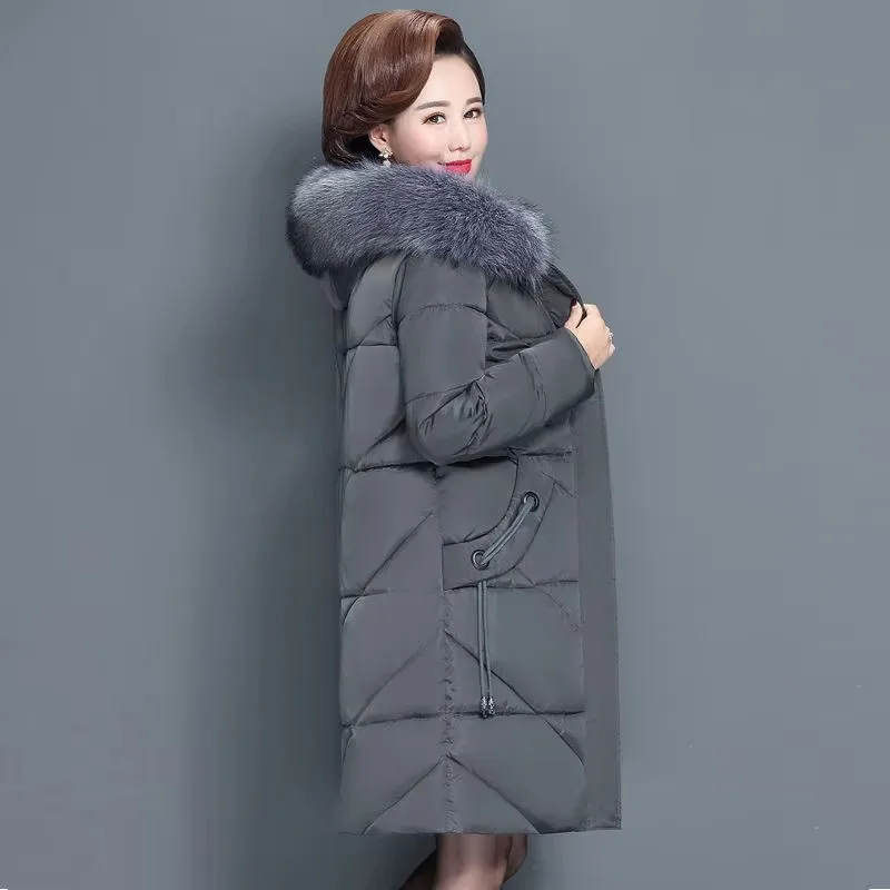 2024 Plus Size Mother Winter Coat With Fur Collar Elderly Cotton Padded Jacket Women\'s Thicken Down Padded Jacket Hooded 462