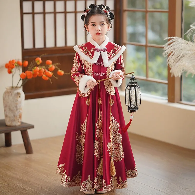 Girls Chinese New Year Clothing Children Winter Tang Suit Embroider Cheongsam Flower Girl Dress Ancient Princess Hanfu Kids