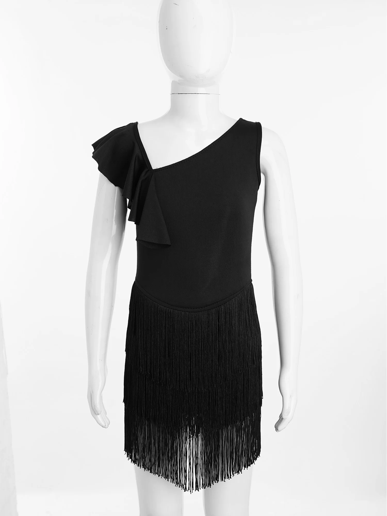 Kids Girls Tassel Jazz Tango Latin Dance Performance Dress Asymmetrical Sleeves Leotards Fringed Dress with Built-in Briefs - view 3