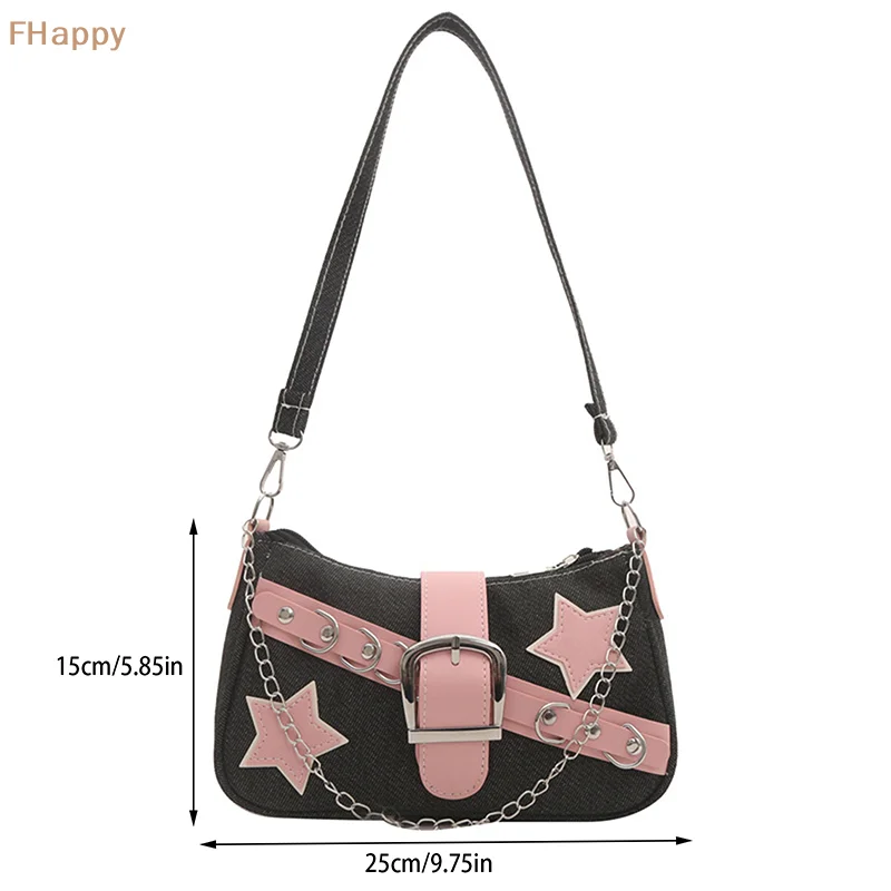 Y2k Fashion Women\'s Handbags Stars Pattern Cool Girls Underarm Bag Fashion Canvas Female Small Shoulder Bags Chain Tote Purses