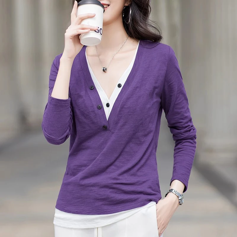 

New Women Spring Autumn Purple T-shirt Fashion Patchwork V-Neck Long Sleeve Slim T-shirt Simplicity Casual Cotton T-shirt