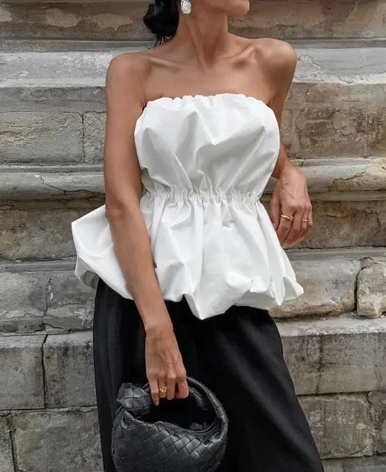 Top Women 2026 Spring Summer New Solid Color Sexy Strapless Waist Cinched Sleeveless Versatile Casual Daily Balloon Top