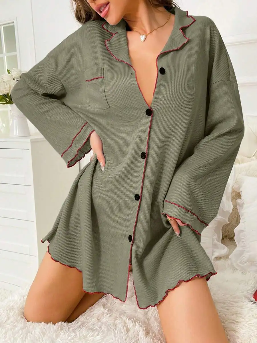 

Waffle Knit Button Front Lounge Dress With Contrast Binding Drop Shoulder