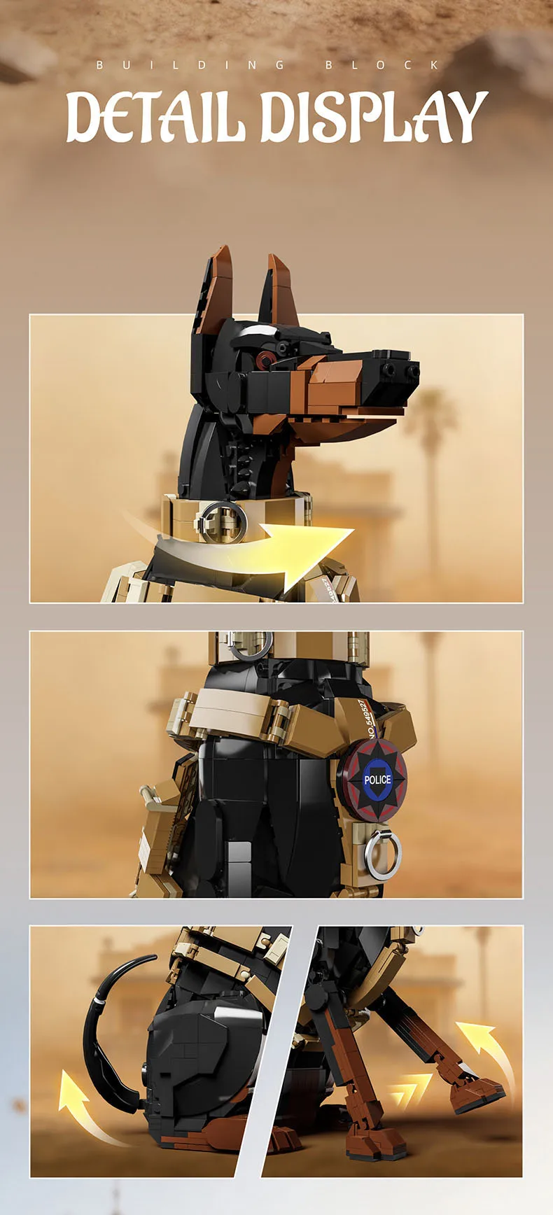 Idea Animals Baustein-Sets: Funktionierendes Polizeihund-Modell, Lehrreiches Spielzeug, Bausteine, Dobermann-Schreibtischdekoration als Geschenk – Detail 2