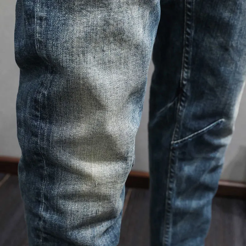 Fashion Designer Men Jeans High Quality Retro Washed Blue Stretch Slim Fit Ripped Jeans Men Spliced Vintage Denim Pants Hombre