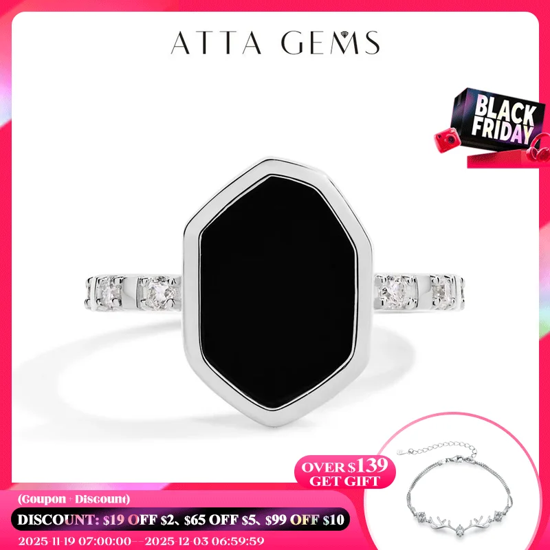 

ATTAGEMS Шестигранные кольца с черным ониксом для женщин и мужчин Муассанит с боковым краем S925 Серебро 18 К Белое золото Покрытие Партии Ежедневные ювелирные изделия Подарки