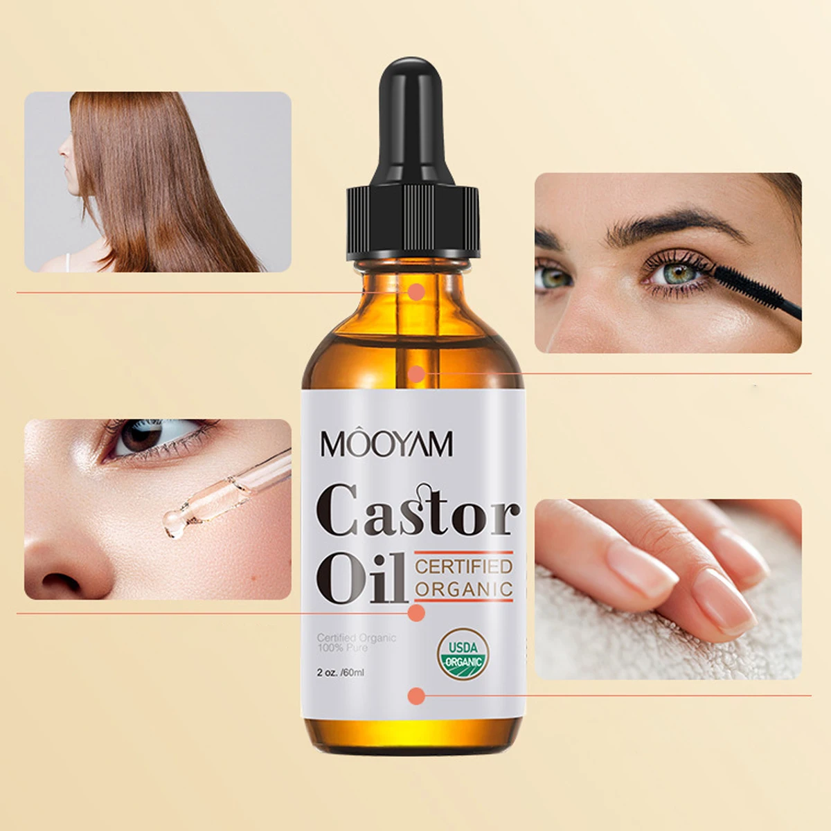 Aceite de ricino orgánico para crecimiento de pestañas, aceite de ricino para pérdida de cabello, tratamiento dañado, ojos densos gruesos, crecimiento de cejas