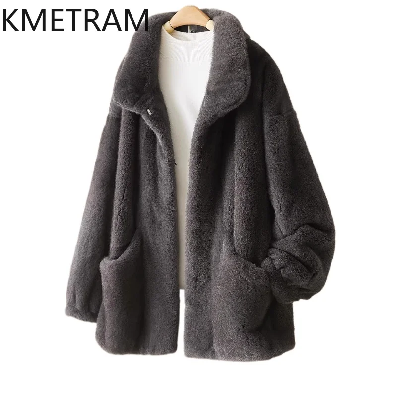 

KMETRAM 100% Whole Mink Fur Jacket Woman High Quality Grey Real Mink Fur Coat Winter Outerwears Women Clothing шуба женская