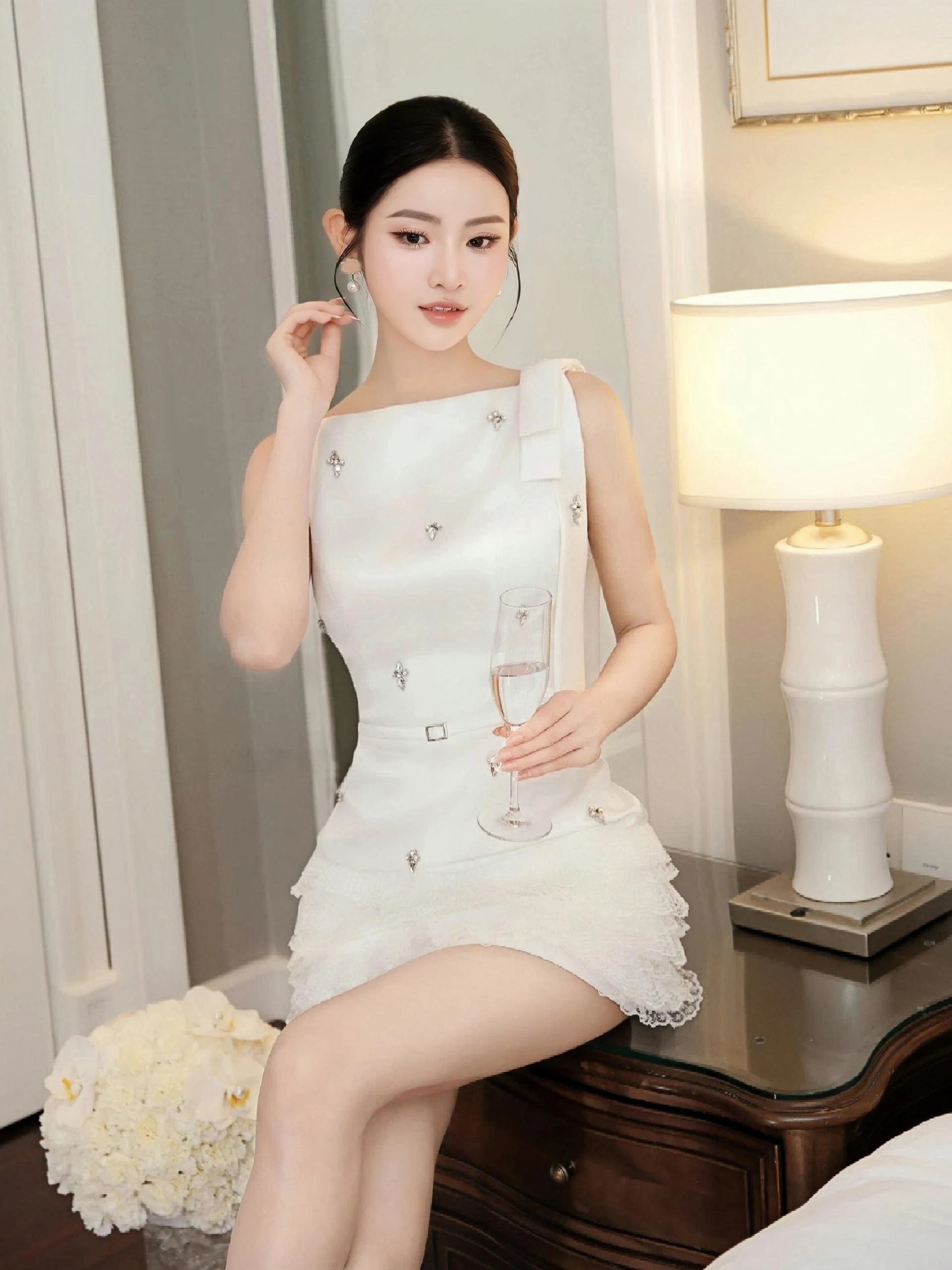 ini Diamond Embellished Vita alta ort Dr Ele Ladylike Sle Compleanno Par Gonna per giovani donne Estate Faion