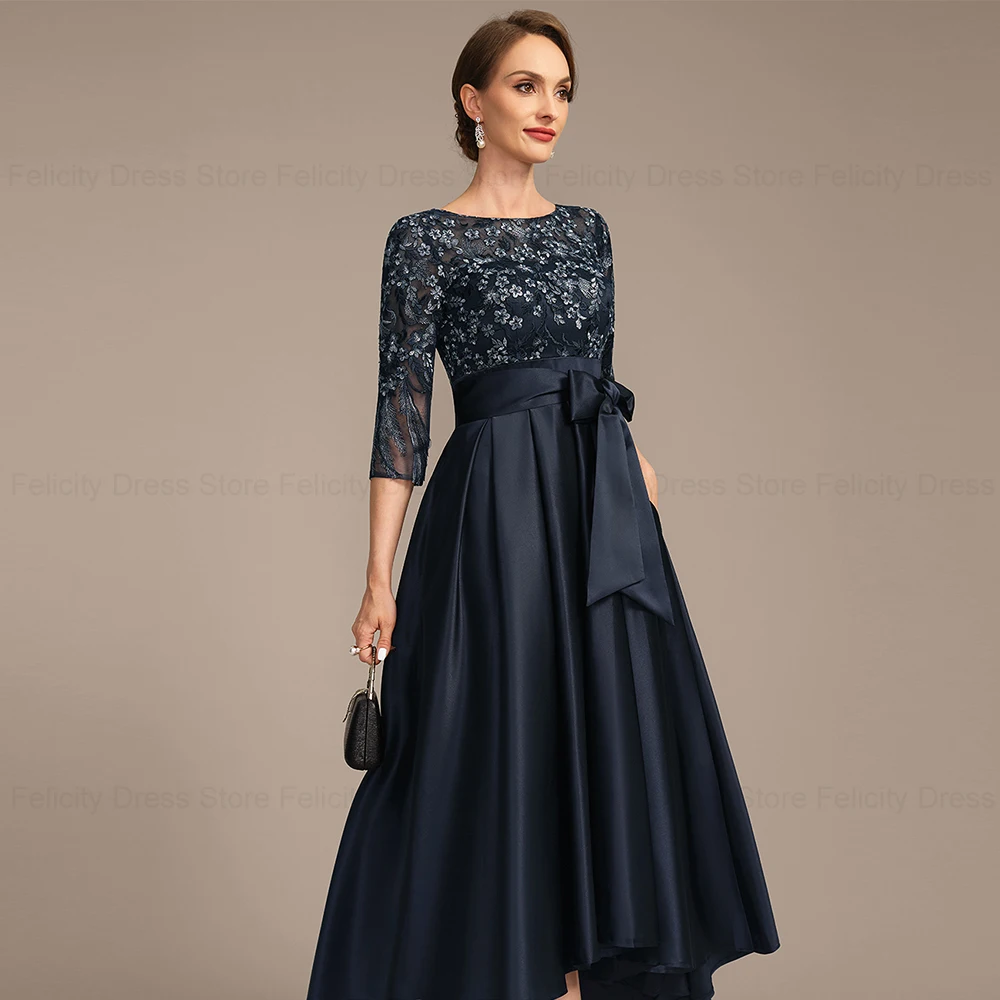 FELICITY Asymmetrical Mother of the Bride Dresses 2024 A-line Scoop Satin Wedding Guest Dresses Applique with Bow Evening Gowns